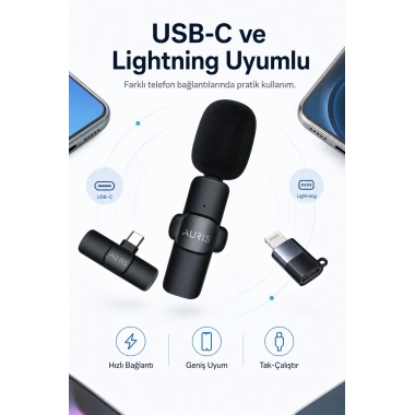 USB-C ve Lightning Uyumlu Kablosuz Yaka Mikrofonu Tak Çalıştır Telefon Ses Kayıt Seti