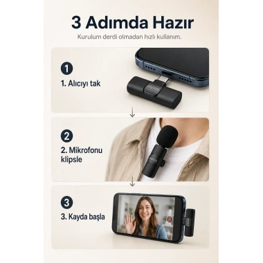 USB-C ve Lightning Uyumlu Kablosuz Yaka Mikrofonu Tak Çalıştır Telefon Ses Kayıt Seti