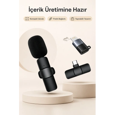 USB-C ve Lightning Uyumlu Kablosuz Yaka Mikrofonu Tak Çalıştır Telefon Ses Kayıt Seti