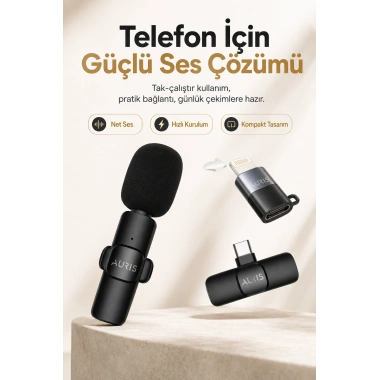 USB-C ve Lightning Uyumlu Kablosuz Yaka Mikrofonu Tak Çalıştır Telefon Ses Kayıt Seti