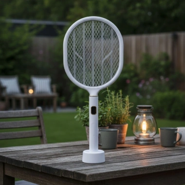 USB Şarjlı Beyaz Renk Kendiliğinden Standlı Şarj Göstergeli UV Işıklı Sinek Öldürme Raketi LTD-718 (5468)