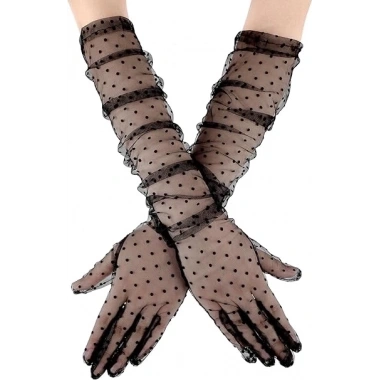 Uzun Boy Siyah Puantiyeli Siyah Renk Yetişkin Tül Eldiven 55 Cm