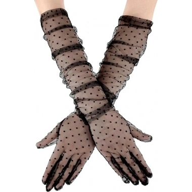 Uzun Siyah Puantiyeli Yetişkin Tül Eldiven