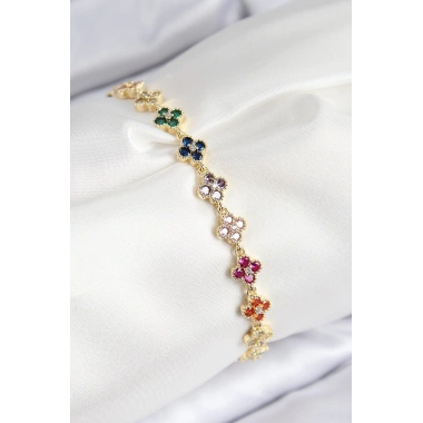 VIP Pirinç Renkli Zirkon Taşlı Yonca Model Gold Renk Kadın Bileklik