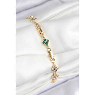 VIP Pirinç Renkli Zirkon Taşlı Yonca Model Gold Renk Kadın Bileklik