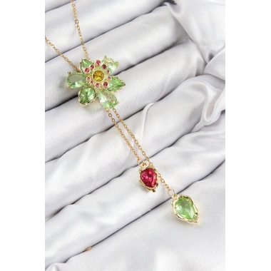 VIP Pirinç Zirkon Taşlı Çiçek Model Gold Renk Asansörlü Kadın Kolye