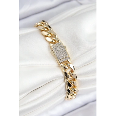 VIP Pirinç Zirkon Taşlı Cuba Model Gold Renk Kadın Bileklik