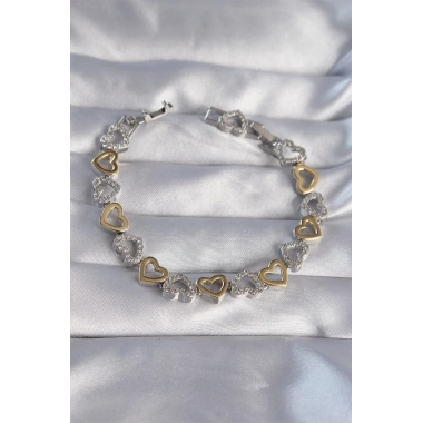 Vip Seri Pirinç Çift Renkli Zirkon Taşlı İçi Boş Kalp Tasarımlı Bileklik
