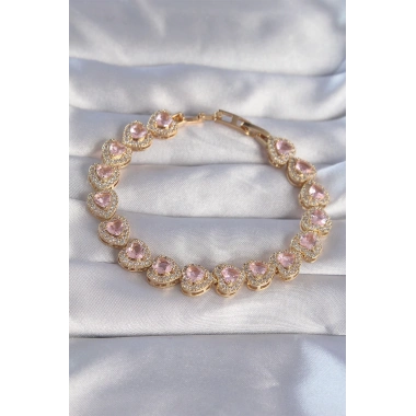 Vip Seri Pirinç Gold Renk Pembe Zirkon Taşlı Kalp Tasarımlı Bileklik