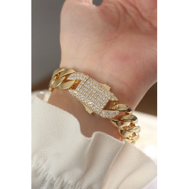 Vip Seri Pirinç Ortası Zirkon Taşlı Gold Renk Gurmet Bileklik