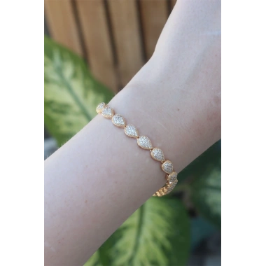 Vip Seri Pirinç Zirkon Taşlı Gold Renk Damla Model Bileklik