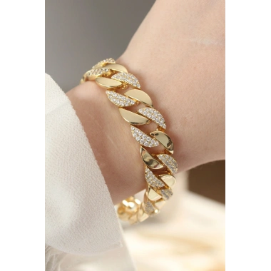 Vip Seri Pirinç Zirkon Taşlı Gold Renk Gurmet Bileklik