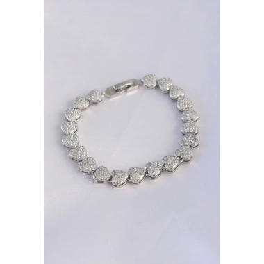 Vip Seri Pirinç Zirkon Taşlı Gümüş Renk Kalp Model Bileklik