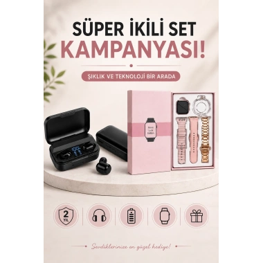 Wireless Şarjlı Pembe Akıllı Saat ve Kablosuz Bluetooth Kulaklık Dokunmatik Kontrol