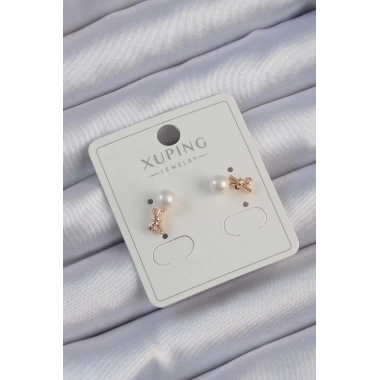 Xuping Rose Renk Zirkon Taşlı İncili Minimal Fiyonk Küpe