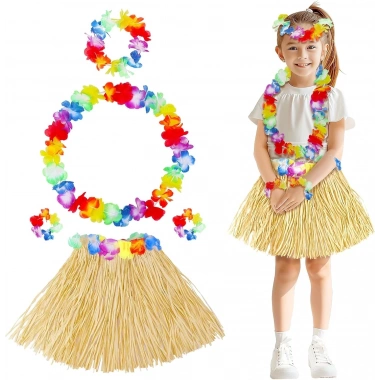 Yetişkin Çocuk Hawaii Parti Seti - 40 Cm Naturel Etek + Çiçek Aksesuarlar (5 Parça)