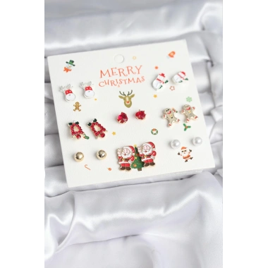 Yılbaşı Temalı Karışık Model 8 Çift Yılbaşı Temalı Kadın Küpe Seti