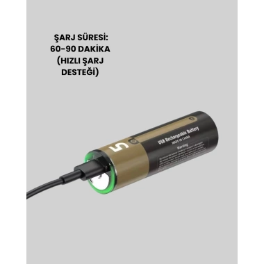 Yüksek Performanslı AA USB Şarjlı Lityum Pil | 1.5V Sabit Güç | 2’li Paket