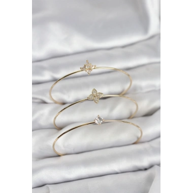 Zirkon Taşlı Gold Renk Yonca Model 3lü Kadın Bileklik Kombini