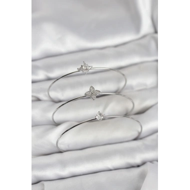 Zirkon Taşlı Gümüş Renk Yonca Model 3lü Kadın Bileklik Kombini