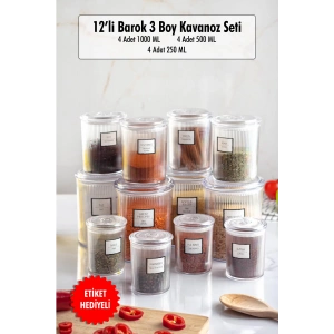 12li Barok Yuvarlak 3 Boy Kavanoz Seti & Saklama Kabı & Erzak Kabı  (4*1000 ML, 4*500 ML,4*250 ML)