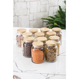 12 Lü Set Bambu Kapaklı Cam Kavanoz & Erzak Saklama Kabı 800 ml Orta  Boy ( Vakum Kapak )