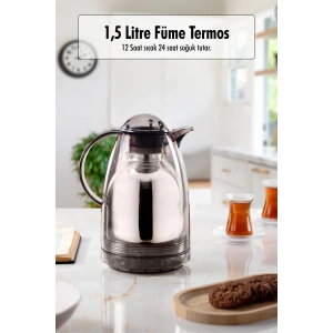 1.5 LT Isı Yalıtımlı Çay Ve Soğuk Su Termosu Füme (12 Saat Sıcak Tutar& İçi Camdır)