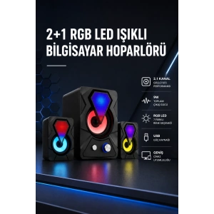 2+1 RGB LED Işıklı Güçlü Bas Sistemli Bilgisayar Hoparlörü