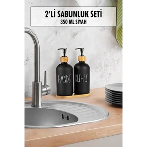 2 Li Bambu Altlıklı Sıvı Sabunluk Seti Siyah