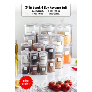 24lü Barok Yuvarlak 4 Boy Kavanoz Seti & Saklama Kabı & Erzak Kabı (6*2000 ML, 6*1000 ML, 6*500 ML, 6*250 ML)