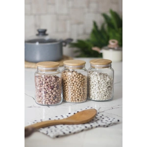 3 Lü Set Bambu Kapaklı Cam Kavanoz & Erzak Saklama Kabı 800 ml Orta  Boy ( Vakum Kapak )