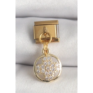316L Çelik Gold Renk Sallantı Zirkon Taşlı Yonca Model Nomination Charm