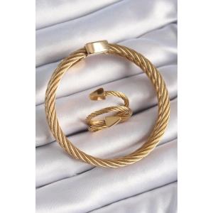 316L Çelik Gold Renk Sarmal Model Erkek Bileklik Yüzük Kombini
