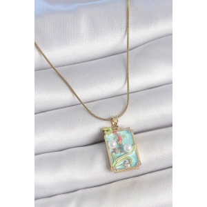 316L Çelik Gold Renk Zincir Mavi Mineli İncili Çiçek İşlemeli Portre Model Kadın Kolye