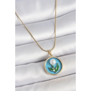 316L Çelik Gold Renk Zincir Mavi Mineli İncili Çiçek İşlemeli Portre Model Kadın Kolye