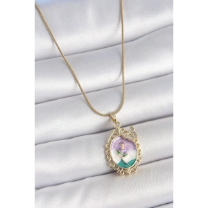 316L Çelik Gold Renk Zincir Mix Renk Mineli Çiçek İşlemeli Zirkon Taş Detaylı Portre Model Kadın Kolye