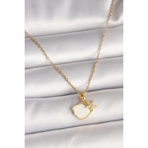 316L Çelik Gold Renk Zincir Sallantı Beyaz Mineli Deniz Kabuğu Zirkon Taşlı Deniz Yıldızı Figür Kadın Kolye