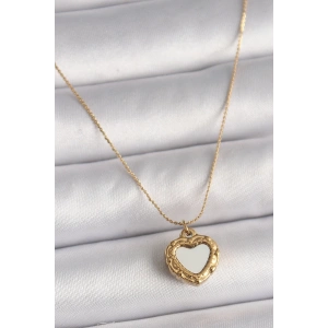 316L Çelik Gold Renk Zincir Sedefli Kalp Model Kadın Kolye