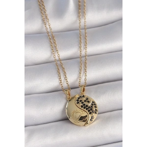 316L Çelik Gold Renk Zincir Zirkon Taşlı Ying Yang Model Gün Batımı İşlemeli Arkadaşlık Kadın Kolye