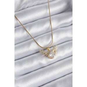 316L Çelik Gold Renk Zirkon Taşlı Boynuz Model Kadın Kolye