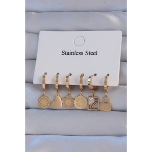 316L Çelik Gold Renk Zirkon Taşlı Çiçek Figürlü Kalp Model Halka Küpe Seti