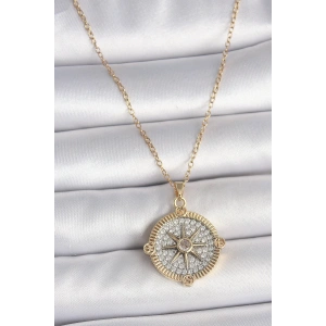 316L Çelik Gold Renk Zirkon Taşlı Pusula Model Kadın Kolye