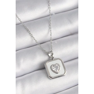 316L Çelik Gümüş Renk Kare Madalyon Kalp Zirkon Taş İşleme Kadın Kolye