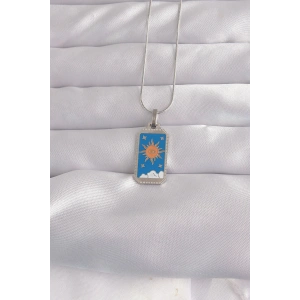 316L Çelik Gümüş Renk Mavi Mineli Güneş Model Tarot Kolye