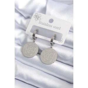 316L Çelik Gümüş Renk Pentagram İşleme Model Kadın Küpe