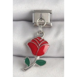 316L Çelik Gümüş Renk Sallantı Kırmızı Gül Model Nomination Charm