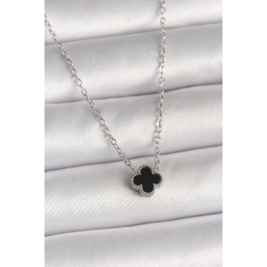 316L Çelik Gümüş Renk Siyah Yonca Model Kadın Kolye