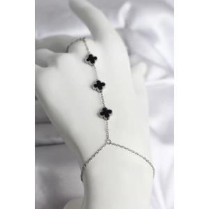 316L Çelik Gümüş Renk Siyah Yonca Model Kadın Şahmeran