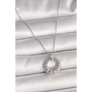 316L Çelik Gümüş Renk Zincir Zirkon Taş İşlemeli Daire Model Kadın Kolye