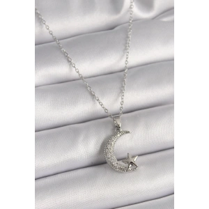 316L Çelik Gümüş Renk Zincir Zirkon Taşlı Hilal Model Yıldız Detay Kadın Kolye